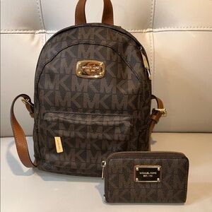 Michael Kors Brown Logo Backpack and Wallet